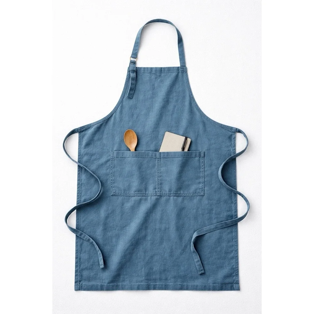 Amour Infini Washed Blue Cotton Canvas Apron Adjustable Strap Pocket NEW In Pkg